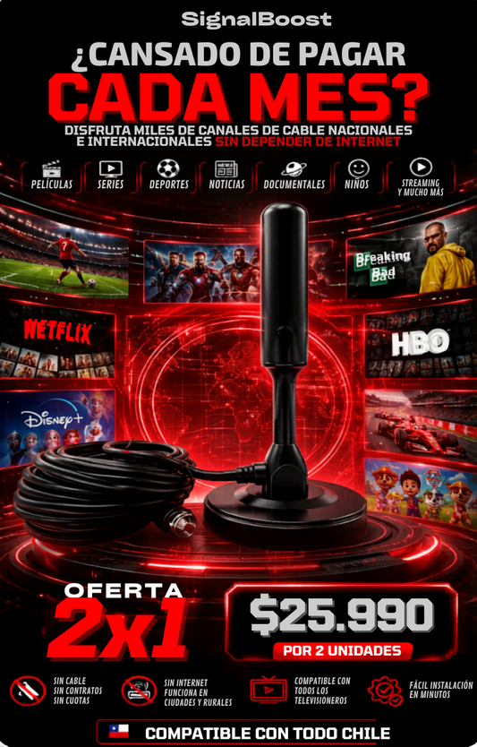 2x1 SignalBoost- Televisión HD libre de cuentas fijas +350 CANALES