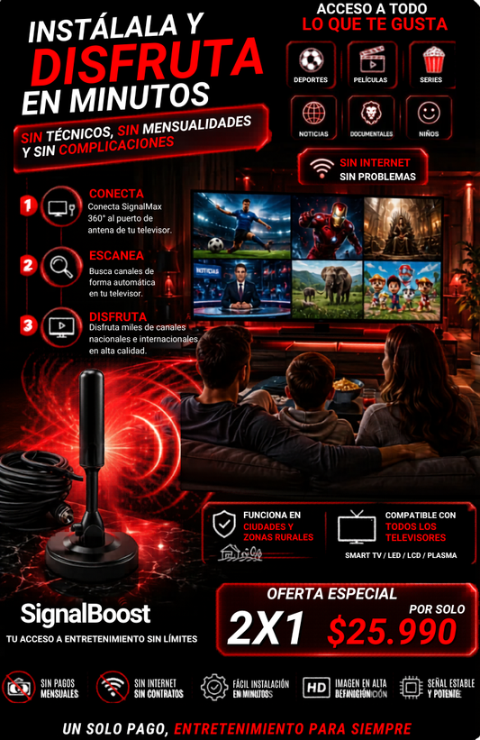 2x1 SignalBoost- Televisión HD libre de cuentas fijas +350 CANALES